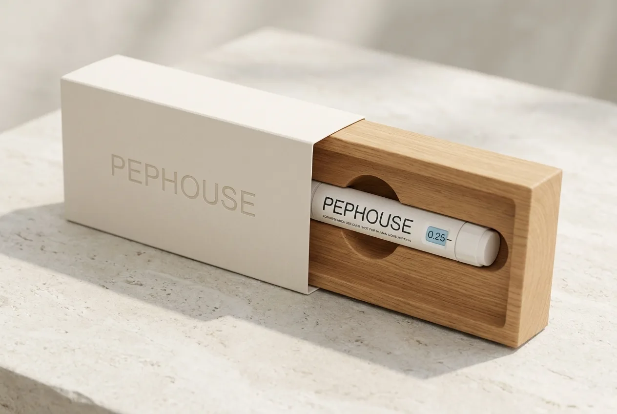 A PEPHOUSE pen resting in its open oak and bone box on a warm stone surface