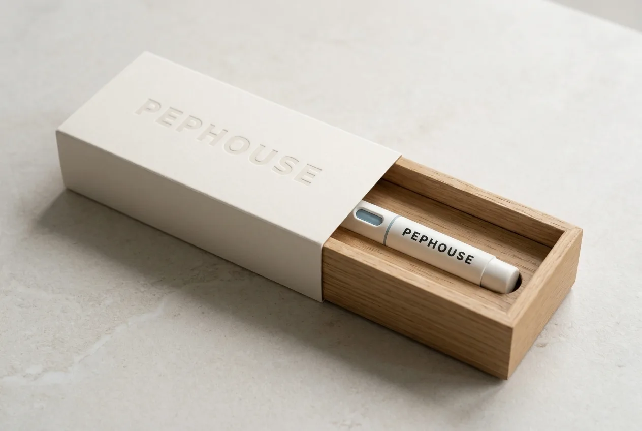 PEPHOUSE pen resting in its open box on a warm stone surface