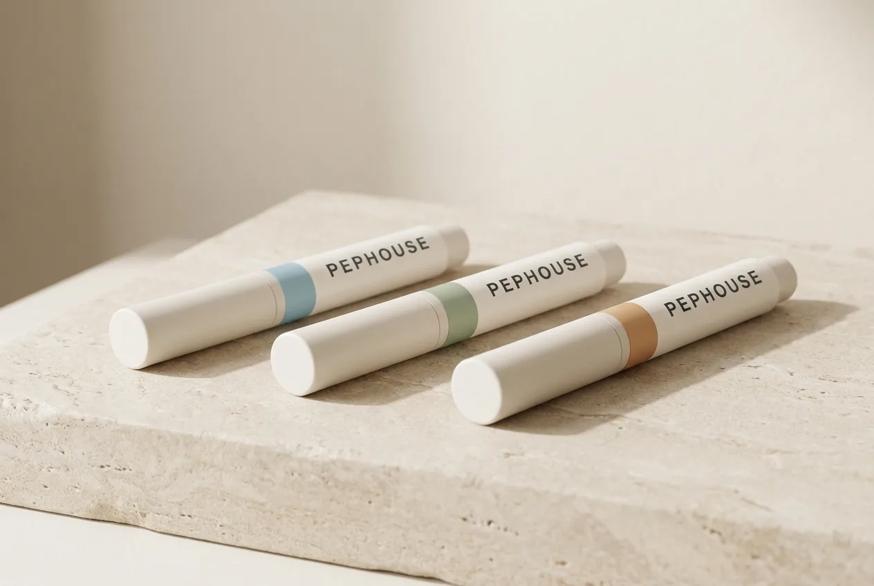Three PEPHOUSE pens with coloured accent bands on a travertine plinth